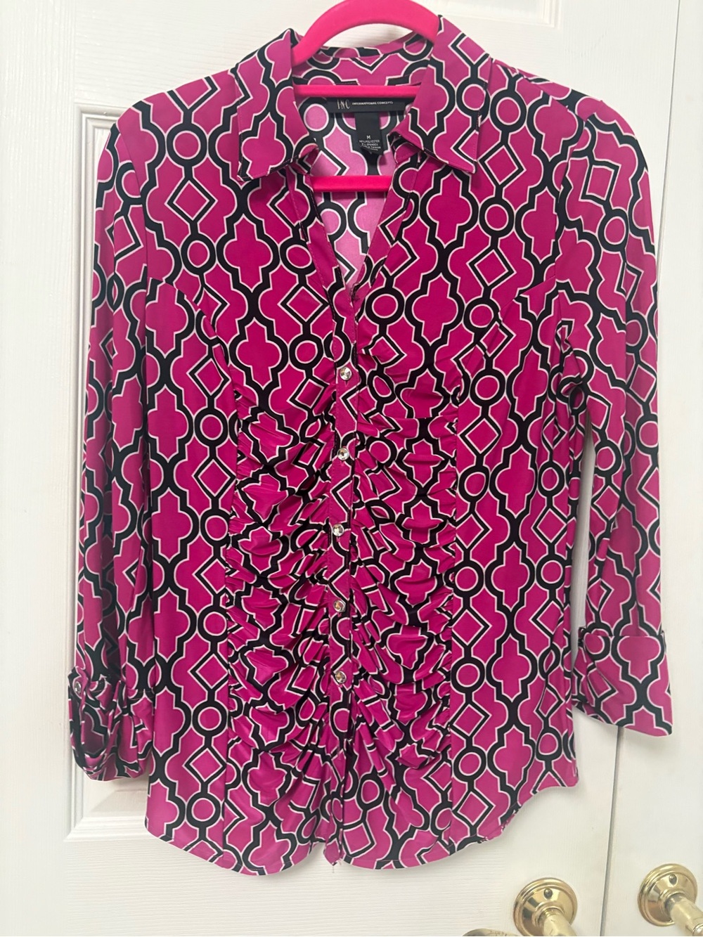 INC International Concepts Fuchsia and Black Geometric Ruffle Button-Down Shirt